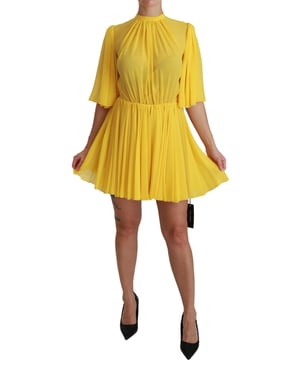 Vestido Mini Amarillo Plisado en A de 100% Seda de Dolce & Gabbana
