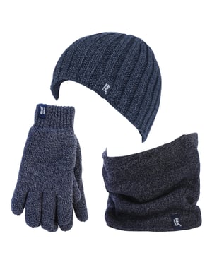 Heat Holders - Gorro de invierno de forro polar térmico, calentador de cuello y guantes para hombre - Azul marino