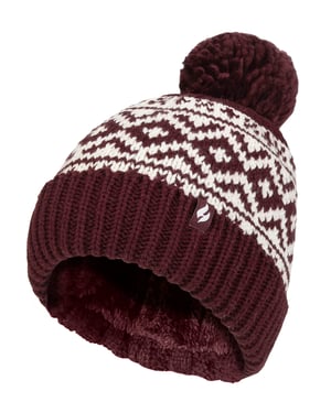Gorro de mujer con estampado | Calentadores | Tejido de punto grueso con forro polar Heatweaver | Estilo Billingen - Vino