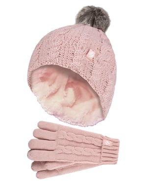 Heat Holders - Set de gorro y guantes para niña - Gorro con puño vuelto y guantes de punto estilo cable - Rosa oscuro