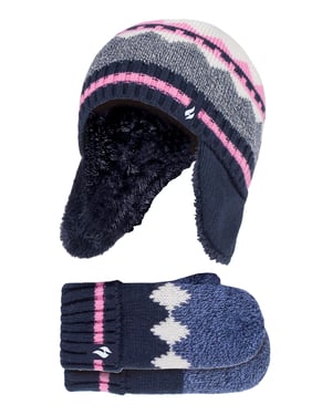 Calentadores - Niñas nórdico Patrón Fairisle Diseño Trapper Sombrero con Pom Pom y Guantes Mittens Set - Azul Marino
