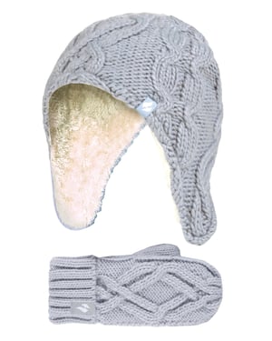 Heat Holders - Set de gorro y guantes de punto de bolita para niña - Gris escarcha - Majestic Soft Cosy Cable Knitted Design Bobble Trapper Hat and Mittens Gloves Set - Gris escarcha