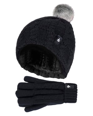 Heat Holders - Set de Sombrero con Pom Pom y Guantes para Niñas | Sombrero con Puño Doblado y Estilo de Guantes de Punto Trenzado - Negro