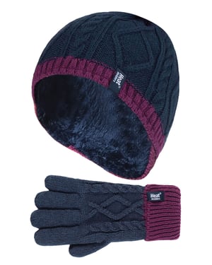 Calentadores - Niños Niñas Lindo Cable de punto cálido forro polar Pompón Invierno Gorro y Guantes Set con Bobble - NP2P13