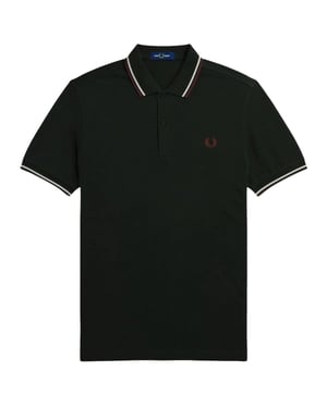 Polo verde oscuro con ribetes gemelos en rojo/blanco de Fred Perry