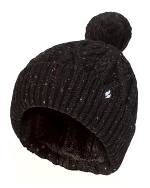 Gorro Pom Pom Bobble Mujer | Calentadores | Gorro Caliente de Punto con Forro Polar Heatweaver | Estilo Salzburgo - Negro