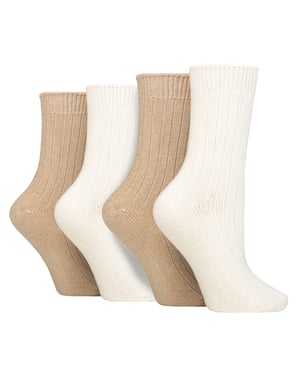 Paquete de 4 calcetines de lana de cachemira para mujer | Wildfeet | Calcetines de lana acanalados - Arena