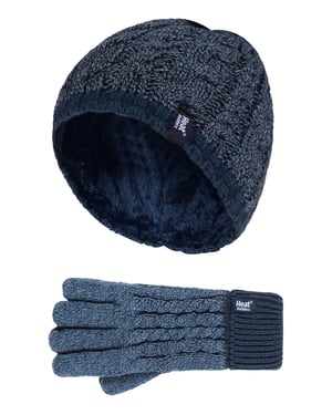 Heat Holders - Niños de punto de cable cálido forro polar térmico sombrero de invierno y guantes Set - DN1P7