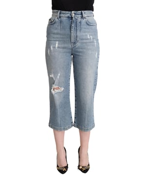 Jeans capri de mujer en denim de algodón desgastado azul de Dolce & Gabbana