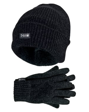 Juego de gorro y guantes de Thinsulate para mujer | THMO | Gorro y guantes de chenilla acanalada para mujer - Negro