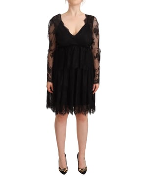 Aniye By Vestido de Cambio de Manga Larga de Algodón Negro con Encaje Floral para Mujer