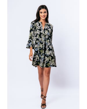 Vestido floral caqui, crudo y azul con mangas acampanadas