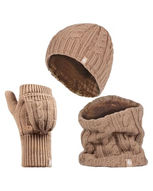 Heat Holders - Set de gorro térmico de invierno, calentador de cuello y guantes convertibles - Beige