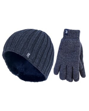 Set de gorro y guantes térmicos de invierno para hombre | Calentadores | Forro polar - Azul marino