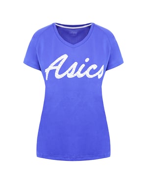 Camiseta azul del logotipo asics para mujeres