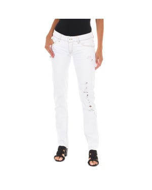 Pantalon Tejano Largo efecto roto y bajos estrechos E014152 mujer
