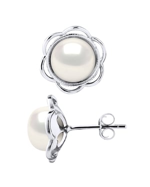 Pendientes de tachuelas Botones de cuentas de agua dulce de flores 8-9 mm White 925