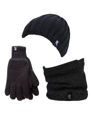 Calentadores - Forro polar térmico de invierno Gorro de punto por cable, calentador de cuello y juego de guantes para hombres - Negro