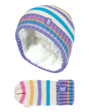 Heat Holders - Juego de gorro y manoplas térmicas de invierno para niñas con forro polar de punto a rayas de colores - CS2P11