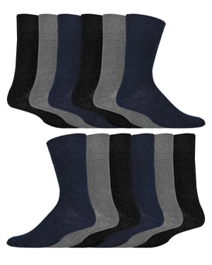 12 Pares Multipack Gentle Grip Top Diabetic Socks | IOMI | Mid Calf Loose Top Non Elastic Cotton Socks with Handlinked Seamless Toe - Black / Navy / Grey
