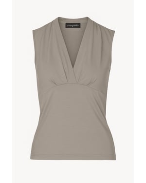 Top ajustado sin mangas con cuello en V color topo - Tejido suave de mezcla de viscosa