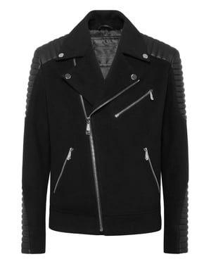 Chaqueta motera de lana con inserciones de piel