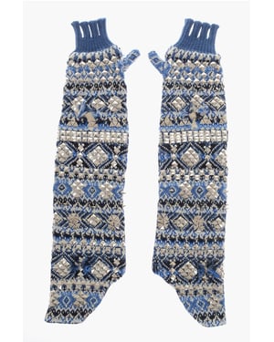 Guantes de punto sin dedos, largos y cálidos, con tachuelas, en azul, blanco, azul y multicolor.