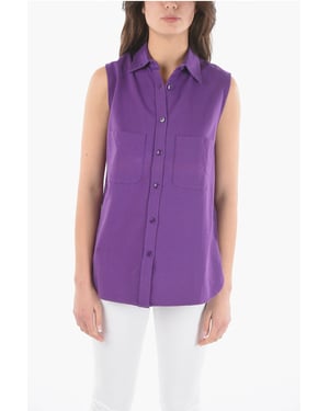 Camisa larga sin mangas de algodón con bolsillos dobles en el pecho en violeta