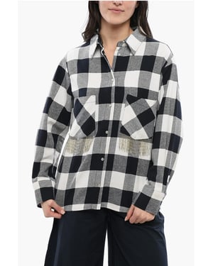 Camisa de mezcla de algodón a cuadros con detalles de flecos en blanco y negro