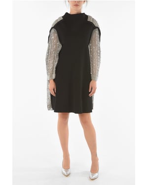 Vestido midi con espalda y mangas con lentejuelas y cuentas en negro