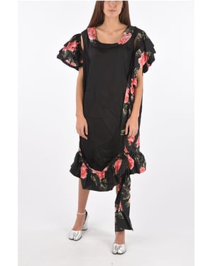 Vestido largo de seda con estampado floral y hombros descubiertos MM0 en negro
