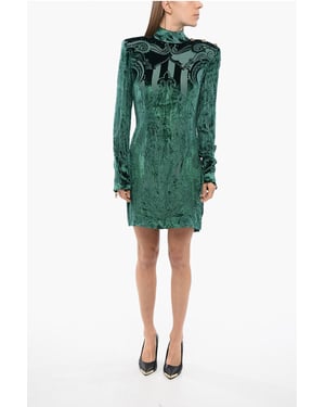 Vestido de terciopelo devoré de manga larga en verde