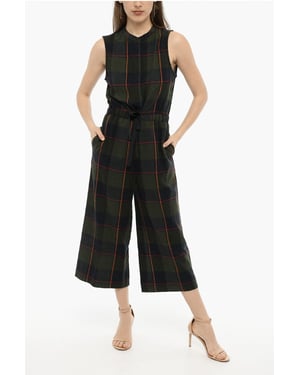 Mono de gasa de mezcla de lana a cuadros con cintura ajustable en verde