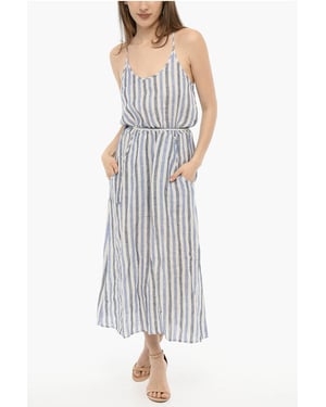 Vestido largo de lino a rayas con cinturón en blanco y azul