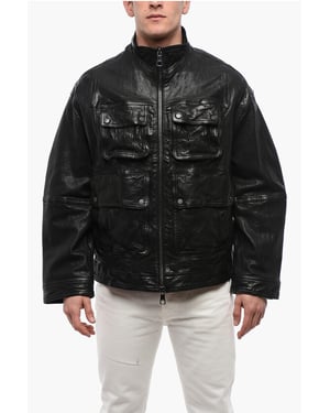 Chaqueta de cuero lavada suelta con múltiples bolsillos en negro