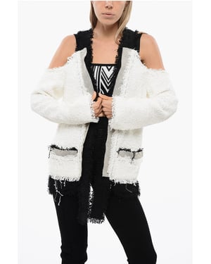 Blazer de tweed con hombros descubiertos y bajos en contraste en blanco y negro