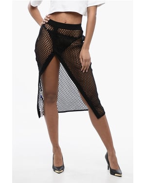 Falda midi de cintura alta con diseño de malla en negro