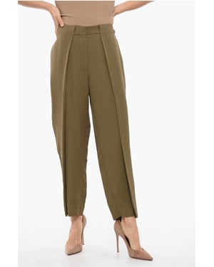 Pantalones de viscosa de corte cónico con pliegues simples en verde militar