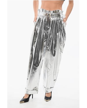 Pantalones holgados de cintura alta con pliegues y efecto metalizado en color plata