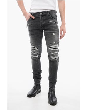 Vaqueros desgastados multibolsillos con detalles de cuero estilo biker, 1 en gris