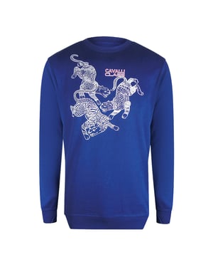 Sudadera Cavalli Class Con Cuello Redondo En Azul Iris Y Estampado De Leopardo Y Cachemira