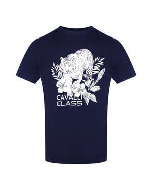 Camiseta Azul Marino Con Logo Floral De Tigre De Cavalli Class