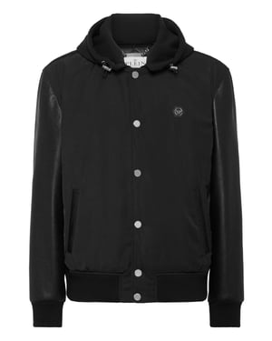 Nylon & Leather Varsity Bomber Hooded Jacket