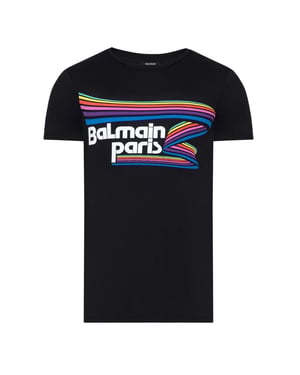 Camiseta Negra Con Logo Multicolor Arcoíris De Balmain Paris