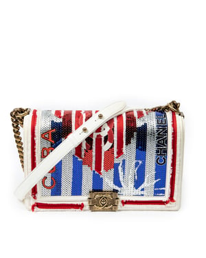 Chanel Paris-Cuba Multicolor Sequin Medium Boy Bag  en Rojo/Azul marino/Gris Lienzo