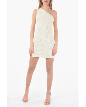 Vestido corto de toalla trenzada de esponja con un solo hombro en beige