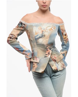 Blazer de lino estampado con hombros descubiertos en multicolor