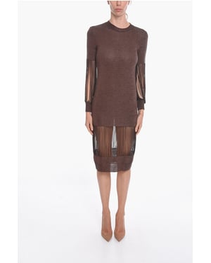 Vestido midi de viscosa metalizada con detalles de cadena en marrón