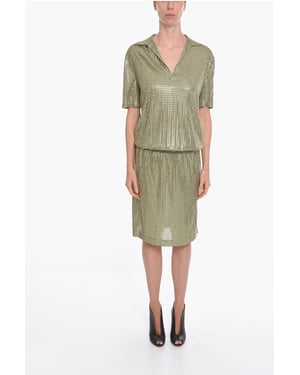 Vestido midi de punto de seda con tachuelas espejadas en verde