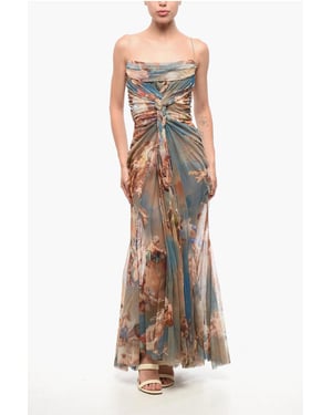 Vestido largo de tul drapeado con estampado multicolor